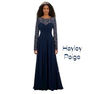 Hayley Paige Navy Chiffon Maxi Evening Dress NWT Size 14